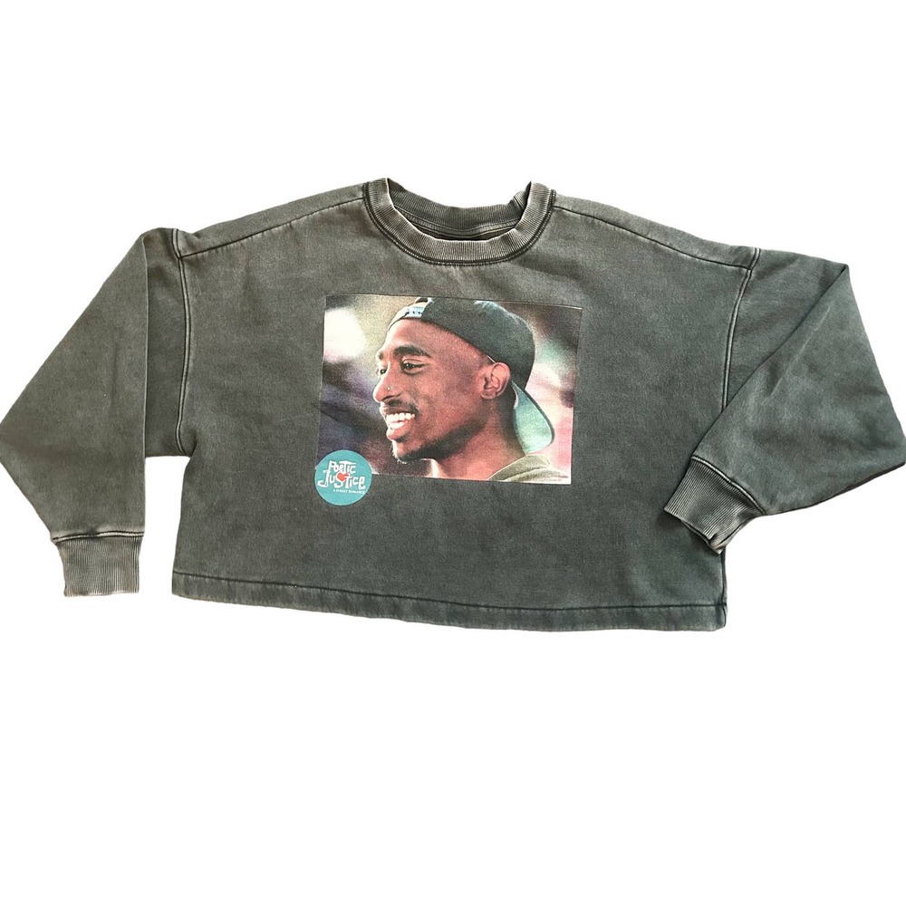 Chemistry Gray Distressed Tupac Oversized Crop Pullover Womens Size XS